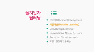 인공지능(Artificial Intelligence)
머신러닝(Machine Learning)
딥러닝(Deep Learning)
Convolutional Neural Network
쫄지말자
딥러닝
Recurrent Neural Network
토론 : 인간과 인공지능
 