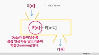 모두의연구소
X[n]
F[n] F[n-1]
Y[n]
n : data index
Data가 늘어날수록
점점 인공지능 알고리즘이
학습(Learning)한다.
 