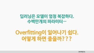 모두의연구소
딥러닝은 모델이 엄청 복잡하다.
수백만개의 파라미터…
Overfitting이 일어나기 쉽다.
어떻게 하면 좋을까???
 