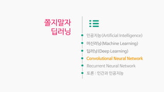 인공지능(Artificial Intelligence)
머신러닝(Machine Learning)
딥러닝(Deep Learning)
Convolutional Neural Network
쫄지말자
딥러닝
Recurrent Neural Network
토론 : 인간과 인공지능
 