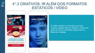 O vídeo mobile é o formato que mais
cresceu nestes últimos meses e conta com
mais de 2/3 do inventário disponível no
Brasil em Display.
4°.3 CRIATIVOS: IR ALÉM DOS FORMATOS
ESTÁTICOS / VÍDEO
 