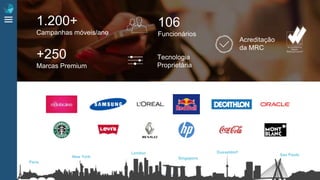 CONFIDENTIAL PROPERTY S4M © 2016
Paris
New York
London
Singapore
Dusseldorf
Sao Paulo
106
Funcionários
Tecnologia
Proprietária
Acreditação
da MRC
1.200+
Campanhas móveis/ano
+250
Marcas Premium
 