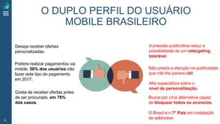 O DUPLO PERFIL DO USUÁRIO
MOBILE BRASILEIRO
6
Deseja receber ofertas
personalizadas.
Gosta de receber ofertas antes
de ser procurado, em 78%
dos casos.
Prefere realizar pagamentos via
mobile. 50% dos usuários irão
fazer este tipo de pagamento
em 2017.
Busca por uma alternativa capaz
de bloquear todos os anúncios.
O Brasil é o 7° País em instalação
de adblocker.
Não presta a atenção na publicidade
que não lhe parece útil.
Alta expectativa sobre o
nível de personalização.
A pressão publicitária reduz a
possibilidade de um retargeting
tolerável.
 