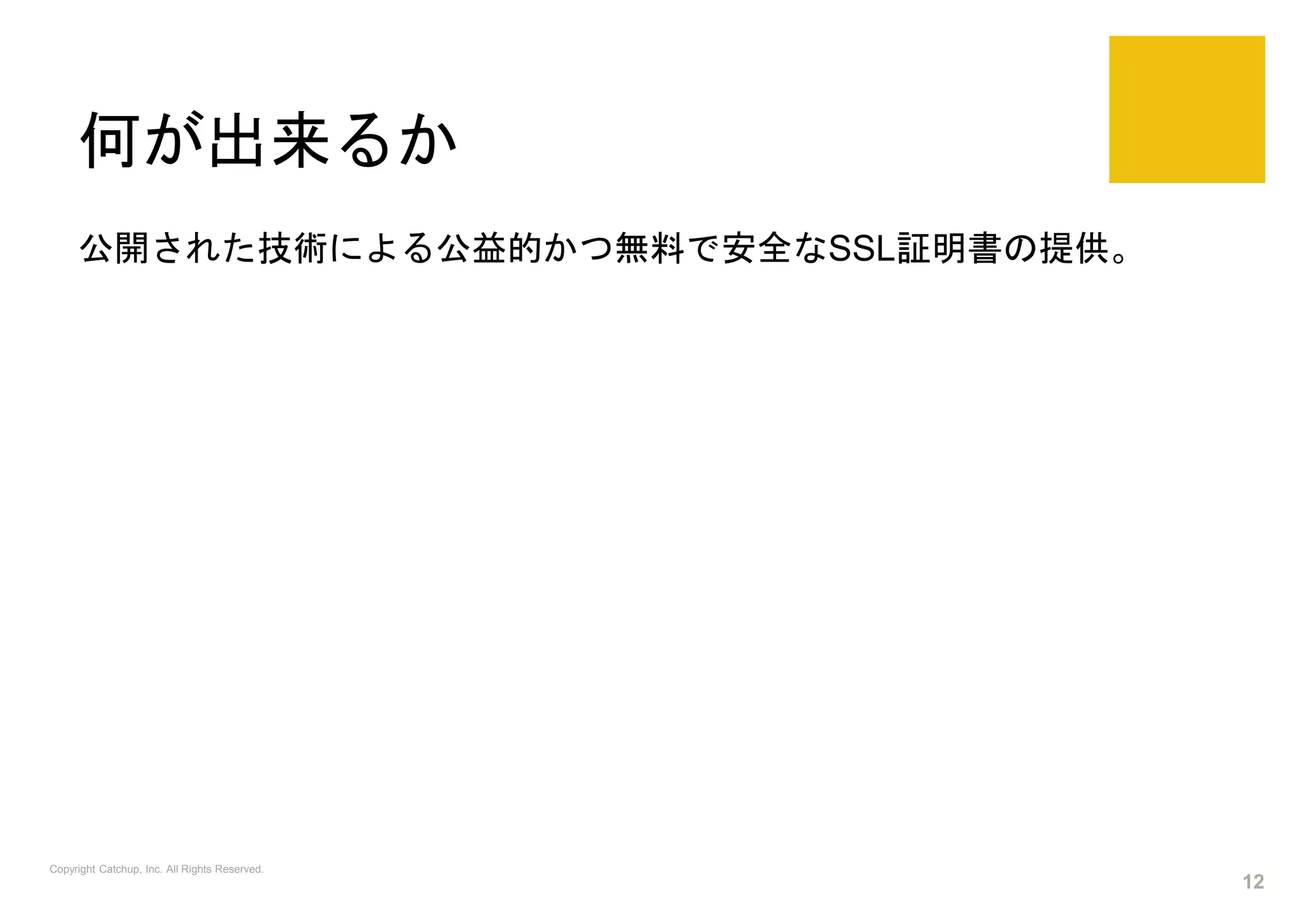 何が出来るか
公開された技術による公益的かつ無料で安全なSSL証明書の提供。
Copyright Catchup, Inc. All Rights Reserved.
12
 
