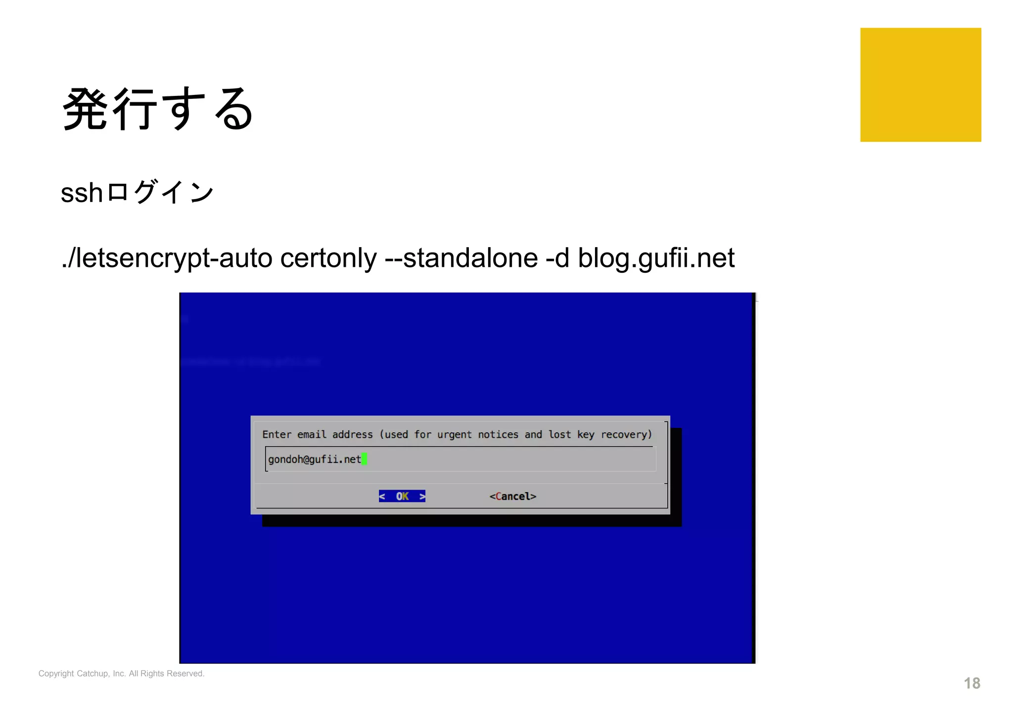発行する
sshログイン
./letsencrypt-auto certonly --standalone -d blog.gufii.net
Copyright Catchup, Inc. All Rights Reserved.
18
 
