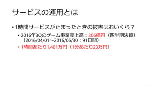 サービスの運用とは
• 目的：
• ITを使って「お金を稼ぐ」
• 手段：
• お客さんにサービスを提供し、その対価を受け取る
（直接部門）
• 従業員にサービスを提供し、生産性を向上させる
（間接部門）
11
運用とは、
サービスの価値を届け続けることです。
 