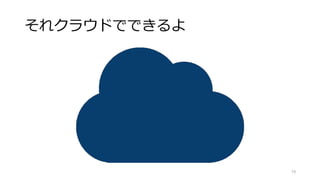 クラウドコンピューティング
• 要点
• 共用されたリソースプールから
• いつでもどこからでもネットワーク経由で
• 必要な分だけをすぐに利用できる
19
 