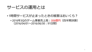 サービスの運用とは
• 1時間サービスが止まったときの被害はおいくら？
• 2016年3Qのゲーム事業売上高：306億円（四半期決算）
（2016/04/01～2016/06/30：91日間）
• 1時間あたり1,401万円（1分あたり23万円）
9
毎分23万円、稼ぎ時ならその何倍か
安いような高いような……
 