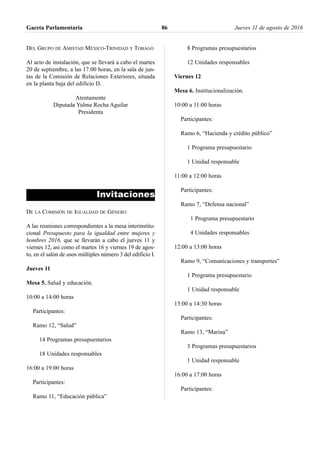 DEL GRUPO DE AMISTAD MÉXICO-TRINIDAD Y TOBAGO
Al acto de instalación, que se llevará a cabo el martes
20 de septiembre, a las 17:00 horas, en la sala de jun-
tas de la Comisión de Relaciones Exteriores, situada
en la planta baja del edificio D.
Atentamente
Diputada Yulma Rocha Aguilar
Presidenta
Invitaciones
DE LA COMISIÓN DE IGUALDAD DE GÉNERO
A las reuniones correspondientes a la mesa interinstitu-
cional Presupuesto para la igualdad entre mujeres y
hombres 2016, que se llevarán a cabo el jueves 11 y
viernes 12, así como el martes 16 y viernes 19 de agos-
to, en el salón de usos múltiples número 3 del edificio I.
Jueves 11
Mesa 5. Salud y educación.
10:00 a 14:00 horas
Participantes:
Ramo 12, “Salud”
14 Programas presupuestarios
18 Unidades responsables
16:00 a 19:00 horas
Participantes:
Ramo 11, “Educación pública”
8 Programas presupuestarios
12 Unidades responsables
Viernes 12
Mesa 6. Institucionalización.
10:00 a 11:00 horas
Participantes:
Ramo 6, “Hacienda y crédito público”
1 Programa presupuestario
1 Unidad responsable
11:00 a 12:00 horas
Participantes:
Ramo 7, “Defensa nacional”
1 Programa presupuestario
4 Unidades responsables
12:00 a 13:00 horas
Ramo 9, “Comunicaciones y transportes”
1 Programa presupuestario
1 Unidad responsable
13:00 a 14:30 horas
Participantes:
Ramo 13, “Marina”
3 Programas presupuestarios
1 Unidad responsable
16:00 a 17:00 horas
Participantes:
Gaceta Parlamentaria Jueves 11 de agosto de 201686
 