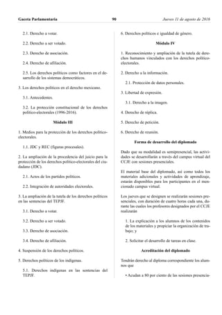2.1. Derecho a votar.
2.2. Derecho a ser votado.
2.3. Derecho de asociación.
2.4. Derecho de afiliación.
2.5. Los derechos políticos como factores en el de-
sarrollo de los sistemas democráticos.
3. Los derechos políticos en el derecho mexicano.
3.1. Antecedentes.
3.2. La protección constitucional de los derechos
político-electorales (1996-2016).
Módulo III
1. Medios para la protección de los derechos político-
electorales.
1.1. JDC y REC (figuras procesales).
2. La ampliación de la procedencia del juicio para la
protección de los derechos político-electorales del ciu-
dadano (JDC).
2.1. Actos de los partidos políticos.
2.2. Integración de autoridades electorales.
3. La ampliación de la tutela de los derechos políticos
en las sentencias del TEPJF.
3.1. Derecho a votar.
3.2. Derecho a ser votado.
3.3. Derecho de asociación.
3.4. Derecho de afiliación.
4. Suspensión de los derechos políticos.
5. Derechos políticos de los indígenas.
5.1. Derechos indígenas en las sentencias del
TEPJF.
6. Derechos políticos e igualdad de género.
Módulo IV
1. Reconocimiento y ampliación de la tutela de dere-
chos humanos vinculados con los derechos político-
electorales.
2. Derecho a la información.
2.1. Protección de datos personales.
3. Libertad de expresión.
3.1. Derecho a la imagen.
4. Derecho de réplica.
5. Derecho de petición.
6. Derecho de reunión.
Forma de desarrollo del diplomado
Dado que su modalidad es semipresencial, las activi-
dades se desarrollarán a través del campus virtual del
CCJE con sesiones presenciales.
El material base del diplomado, así como todos los
materiales adicionales y actividades de aprendizaje,
estarán disponibles para los participantes en el men-
cionado campus virtual.
Los jueves que se designen se realizarán sesiones pre-
senciales, con duración de cuatro horas cada una, du-
rante las cuales los profesores designados por el CCJE
realizarán
1. La explicación a los alumnos de los contenidos
de los materiales y propiciar la organización de tra-
bajo; y
2. Solicitar el desarrollo de tareas en clase.
Acreditación del diplomado
Tendrán derecho al diploma correspondiente los alum-
nos que
• Acudan a 80 por ciento de las sesiones presencia-
Gaceta Parlamentaria Jueves 11 de agosto de 201690
 