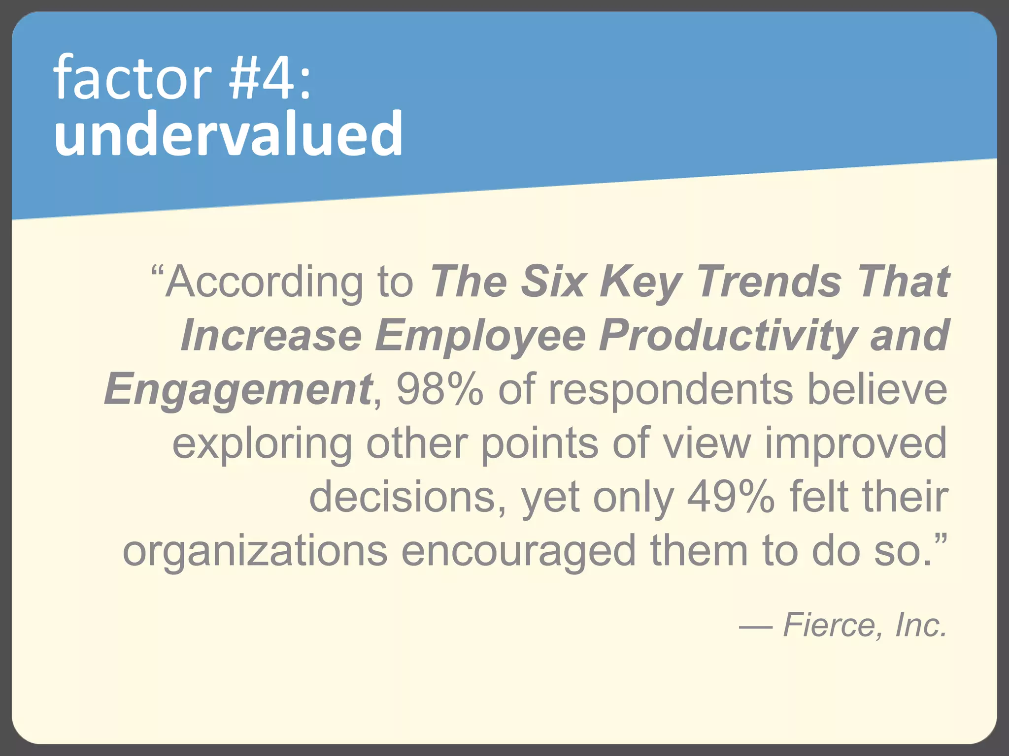 factor #4:
undervalued
“According to The Six Key Trends That
Increase Employee Productivity and
Engagement, 98% of respondents believe
exploring other points of view improved
decisions, yet only 49% felt their
organizations encouraged them to do so.”
— Fierce, Inc.
 