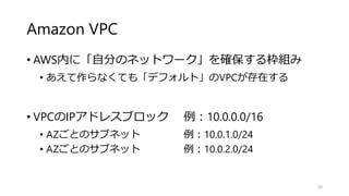 Amazon VPC
• AWS内に「自分のネットワーク」を確保する枠組み
• あえて作らなくても「デフォルト」のVPCが存在する
• VPCのIPアドレスブロック 例：10.0.0.0/16
• AZごとのサブネット 例：10.0.1.0/24
• AZごとのサブネット 例：10.0.2.0/24
20
 
