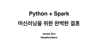 Python + Spark 
머신러닝을 위한 완벽한 결혼
James Ahn
DeepNumbers
 