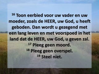 16 Toon eerbied voor uw vader en uw
moeder, zoals de HEER, uw God, u heeft
geboden. Dan wordt u gezegend met
een lang leven en met voorspoed in het
land dat de HEER, uw God, u geven zal.
17 Pleeg geen moord.
18 Pleeg geen overspel.
19 Steel niet.
 