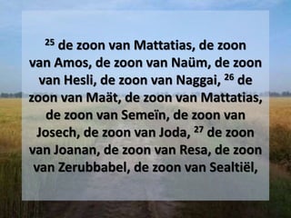 25 de zoon van Mattatias, de zoon
van Amos, de zoon van Naüm, de zoon
van Hesli, de zoon van Naggai, 26 de
zoon van Maät, de zoon van Mattatias,
de zoon van Semeïn, de zoon van
Josech, de zoon van Joda, 27 de zoon
van Joanan, de zoon van Resa, de zoon
van Zerubbabel, de zoon van Sealtiël,
 