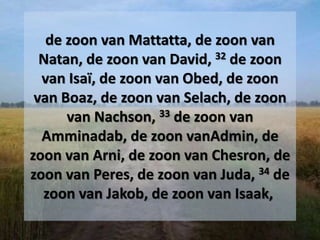 de zoon van Mattatta, de zoon van
Natan, de zoon van David, 32 de zoon
van Isaï, de zoon van Obed, de zoon
van Boaz, de zoon van Selach, de zoon
van Nachson, 33 de zoon van
Amminadab, de zoon vanAdmin, de
zoon van Arni, de zoon van Chesron, de
zoon van Peres, de zoon van Juda, 34 de
zoon van Jakob, de zoon van Isaak,
 