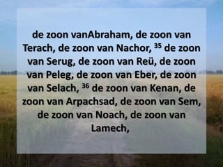 de zoon vanAbraham, de zoon van
Terach, de zoon van Nachor, 35 de zoon
van Serug, de zoon van Reü, de zoon
van Peleg, de zoon van Eber, de zoon
van Selach, 36 de zoon van Kenan, de
zoon van Arpachsad, de zoon van Sem,
de zoon van Noach, de zoon van
Lamech,
 