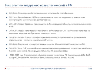 Наш опыт по внедрению новых технологий в РФ
201612
 2010 год. Начало разработки технологии, испытаний и сертификации.
 2011 год. Сертификация НСП для применения в качестве наружных ограждающих
конструкций в многоэтажном домостроении.
 2011-2012 годы. Создание производства в Ленинградской области, начало применения в
СМР.
 2010-2014 годы. Патентование технологии в РФ и странах СНГ. Получение 8 патентов на
полезные модели и изобретения, товарного знака.
 2010-2014 годы. Полная сертификация технологии для применения в гражданском
строительстве – жилых и социальных объектах.
 2014 год. Получение технического свидетельства Министерства Строительства РФ.
 2014-2015 год. 1-й успешный опыт по комплексному применению технологии на объекте
более 1 млн. кв.м в Ленинградской области, ЖК Силы природы.
 2010-2015 год. Строительство объектов на всех территории РФ (жилые дома, ДОУ, ФАП,
казармы, общежития, пожарные депо, промышленные ангары и АБК).
ООО «МЕТТЭМ-Строительные технологии»
 