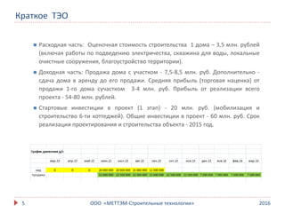 2016ООО «МЕТТЭМ-Строительные технологии»5
 Расходная часть: Оценочная стоимость строительства 1 дома – 3,5 млн. рублей
(включая работы по подведению электричества, скважина для воды, локальные
очистные сооружения, благоустройство территории).
 Доходная часть: Продажа дома с участком - 7,5-8,5 млн. руб. Дополнительно -
сдача дома в аренду до его продажи. Средняя прибыль (торговая наценка) от
продажи 1-го дома сучастком 3-4 млн. руб. Прибыль от реализации всего
проекта - 54-80 млн. рублей.
 Стартовые инвестиции в проект (1 этап) - 20 млн. руб. (мобилизация и
строительство 6-ти коттеджей). Общие инвестиции в проект - 60 млн. руб. Срок
реализации проектирования и строительства объекта - 2015 год.
Краткое ТЭО
 