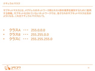 30
ナチュラルマスク
サブネットマスクとは、IPアドレスのネットワーク部とホスト部の境界を識別するために使用
する情報。サブネット化されていないネットワークでは、各クラスのサブネットマスクは次の
ようになる。これをナチュラルマスクという。
• クラスA ・・・ 255.0.0.0
• クラスB ・・・ 255.255.0.0
• クラスC ・・・ 255.255.255.0
 