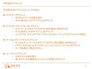 31
予約済みIPアドレス
予約済みのIPアドレスは、以下のもの。
 ネットワークアドレス
• そのネットワーク自体を表す
• ホスト部のビットがすべて「0」のアドレス
 ダイレクトブロードキャストアドレス
• ネットワーク上のすべてのホスト宛の通信に使用される
• ホスト部のビットがすべて「1」のアドレス
• ルータでは、ダイレクトブロードキャストのルーティングはデフォルトで無効
 ローカルブロードキャストアドレス
• ローカルネットワーク上のすべてのホスト宛の通信に使用される
• IPアドレスの32ビットすべてを「1」にした「255.255.255.255」のアドレス
• ルータを越えて転送されない
 ループバックアドレス
• そのホスト自身を表す
• 第1オクテットの数値が127.0.0.1（10進数）のアドレス
 