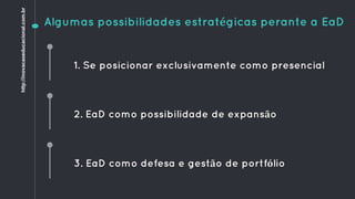 Algumas possibilidades estratégicas perante a EaD
2. EaD como possibilidade de expansão
3. EaD como defesa e gestão de portfólio
1. Se posicionar exclusivamente como presencial
http://inovacaoeducacional.com.br
 