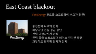 East Coast blackout
FirstEnergy 컨트롤 소프트웨어 버그가 원인!
송전선이 나무와 접촉
해당라인 전원 공급 중단
전력 이상감지가 안됨
전력 공급 소프트웨어 레이스 컨디션 발생
과부하로 전력망 전체가 정지
 