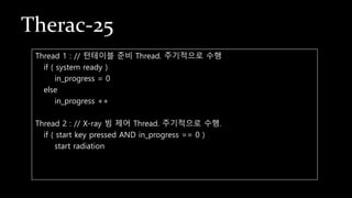 Therac-25
Thread 1 : // 턴테이블 준비 Thread. 주기적으로 수행
if ( system ready )
in_progress = 0
else
in_progress ++
Thread 2 : // X-ray 빔 제어 Thread. 주기적으로 수행.
if ( start key pressed AND in_progress == 0 )
start radiation
 