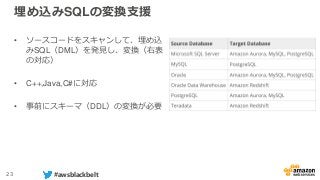23 #awsblackbelt
埋め込みSQLの変換支援
• ソースコードをスキャンして、埋め込
みSQL（DML）を発見し、変換（右表
の対応）
• C++,Java,C#に対応
• 事前にスキーマ（DDL）の変換が必要
 
