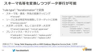 34 #awsblackbelt
スキーマ名等を変換しつつデータ移行が可能
"rule-type": "transformation"で変換
• スキーマ名・表名・列名の変換マッピング
⇒"rename"
• ソースにある特定列を削除してターゲットに反映
⇒"remove-column"
• 大文字→小文字、もしくは小文字→大文字
⇒"convert-lowercase" / "convert-uppercase"
• プレフィックス・サフィックス
⇒"add-prefix" / "remove-prefix" / "replace-prefix"
⇒"add-suffix" / "remove-suffix" / "replace-suffix"
詳細は以下の「Using Table Mapping with an AWS Database Migration Service Task」を参照
https://docs.aws.amazon.com/ja_jp/dms/latest/userguide/CHAP_Tasks.CustomizingTasks.TableMapping.html
 