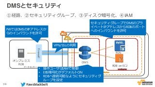 39 #awsblackbelt
DMSとセキュリティ
①経路、②セキュリティグループ、③ディスク暗号化、④IAM
DMS
RDS
RDB on EC2
オンプレミス
RDB
データセンター
Availability Zone
Firewall
security groupsecurity group
FWではDMSのIPアドレスか
らのインバウンドを許可
セキュリティグループでDMSのプラ
イベートIPアドレスからRDBのポート
へのインバウンドを許可
• 操作ユーザはIAMで制御
• EBS暗号化がデフォルトON
• RDBへ接続可能なようにセキュリティグ
ループを設定
VPN/SSLの利用
 
