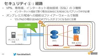 40 #awsblackbelt
セキュリティ①：経路
• VPN、専用線、インターネット経由接続（SSL）の３種類
• インターネット経由で繋ぐ場合はDMSにもRDBにもパブリックIPが必要
• オンプレミスRDBへの接続はファイアーウォールで制限
• マルチAZの場合はDMSのIPアドレスが２つになる点に注意
DMS
RDS
RDB on EC2
オンプレミス
RDB
データセンター
Availability Zone
Firewall
security groupsecurity group
①経路
 