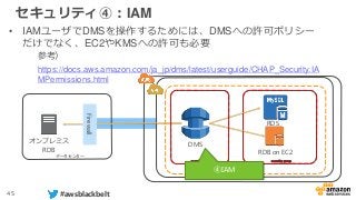 45 #awsblackbelt
セキュリティ④：IAM
• IAMユーザでDMSを操作するためには、DMSへの許可ポリシー
だけでなく、EC2やKMSへの許可も必要
参考）
https://docs.aws.amazon.com/ja_jp/dms/latest/userguide/CHAP_Security.IA
MPermissions.html
DMS
RDS
RDB on EC2
オンプレミス
RDB
データセンター
Availability Zone
Firewall
security groupsecurity group
④IAM
 