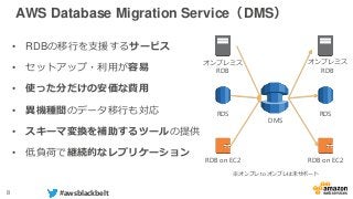 8 #awsblackbelt
AWS Database Migration Service（DMS）
• RDBの移行を支援するサービス
• セットアップ・利用が容易
• 使った分だけの安価な費用
• 異機種間のデータ移行も対応
• スキーマ変換を補助するツールの提供
• 低負荷で継続的なレプリケーション
DMS
オンプレミス
RDB
RDS
RDB on EC2
オンプレミス
RDB
RDS
RDB on EC2
※オンプレ to オンプレは未サポート
 