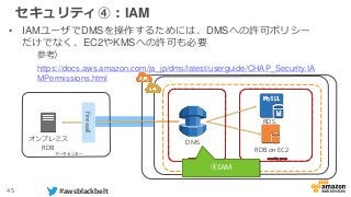 45 #awsblackbelt
セキュリティ④：IAM
• IAMユーザでDMSを操作するためには、DMSへの許可ポリシー
だけでなく、EC2やKMSへの許可も必要
参考）
https://docs.aws.amazon.com/ja_jp/...