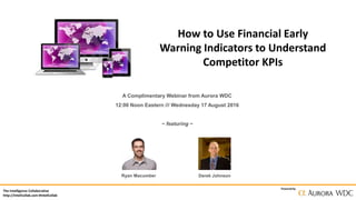 The Intelligence Collaborative
http://IntelCollab.com #IntelCollab
Powered by
How to Use Financial Early
Warning Indicators to Understand
Competitor KPIs
A Complimentary Webinar from Aurora WDC
12:00 Noon Eastern /// Wednesday 17 August 2016
~ featuring ~
Ryan Macumber Derek Johnson
 