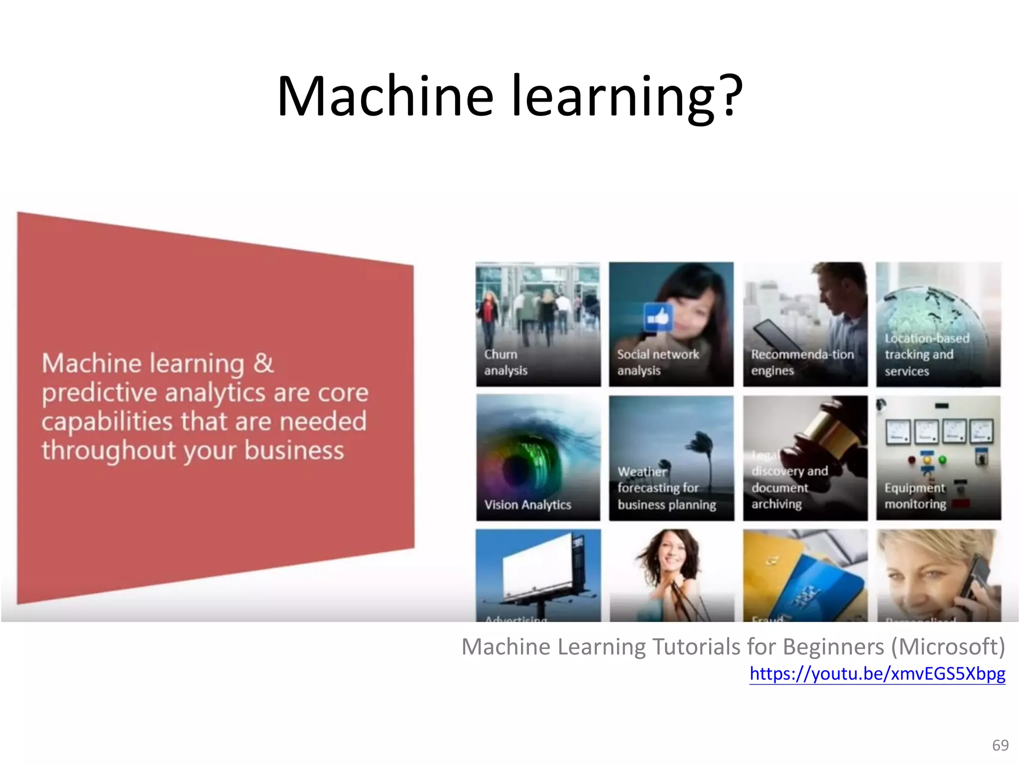 Machine learning?
69
Machine Learning Tutorials for Beginners (Microsoft)
https://youtu.be/xmvEGS5Xbpg
 