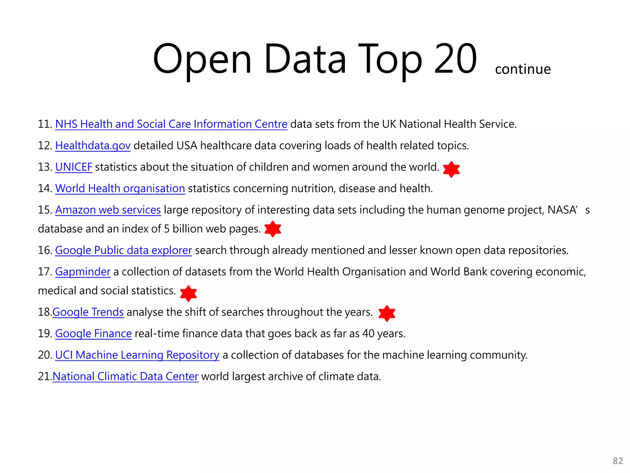 Open Data Top 20
11. NHS Health and Social Care Information Centre data sets from the UK National Health Service.
12. Healthdata.gov detailed USA healthcare data covering loads of health related topics.
13. UNICEF statistics about the situation of children and women around the world.
14. World Health organisation statistics concerning nutrition, disease and health.
15. Amazon web services large repository of interesting data sets including the human genome project, NASA’s
database and an index of 5 billion web pages.
16. Google Public data explorer search through already mentioned and lesser known open data repositories.
17. Gapminder a collection of datasets from the World Health Organisation and World Bank covering economic,
medical and social statistics.
18.Google Trends analyse the shift of searches throughout the years.
19. Google Finance real-time finance data that goes back as far as 40 years.
20. UCI Machine Learning Repository a collection of databases for the machine learning community.
21.National Climatic Data Center world largest archive of climate data.
82
continue
 