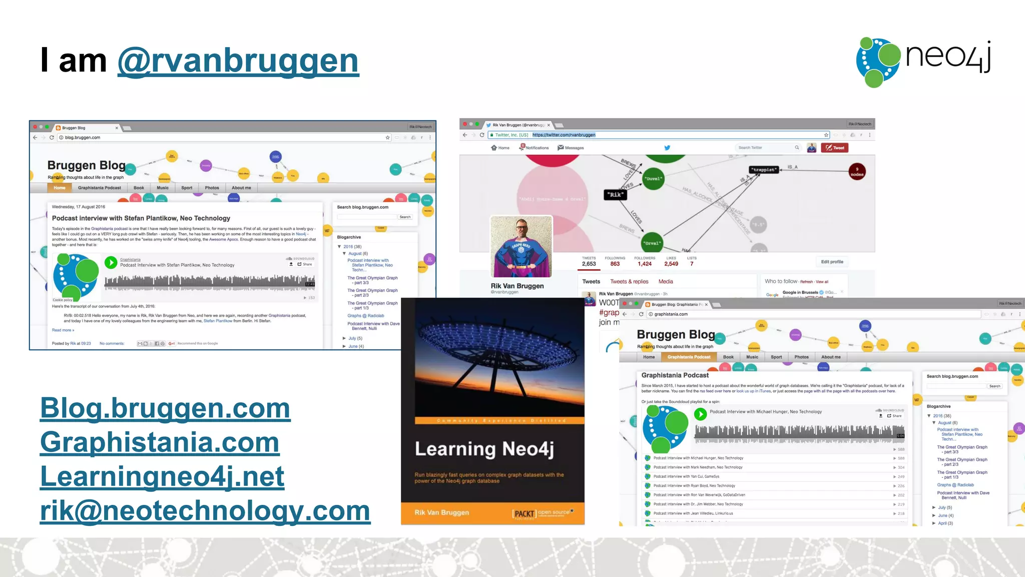 I am @rvanbruggen
Blog.bruggen.com
Graphistania.com
Learningneo4j.net
rik@neotechnology.com
 