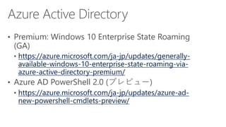 https://azure.microsoft.com/ja-jp/updates/generally-
available-windows-10-enterprise-state-roaming-via-
azure-active-directory-premium/
https://azure.microsoft.com/ja-jp/updates/azure-ad-
new-powershell-cmdlets-preview/
 