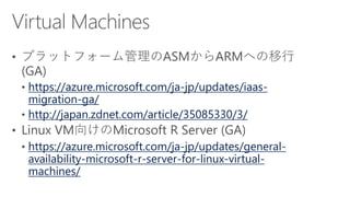 https://azure.microsoft.com/ja-jp/updates/iaas-
migration-ga/
http://japan.zdnet.com/article/35085330/3/
https://azure.microsoft.com/ja-jp/updates/general-
availability-microsoft-r-server-for-linux-virtual-
machines/
 