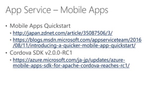 http://japan.zdnet.com/article/35087506/3/
https://blogs.msdn.microsoft.com/appserviceteam/2016
/08/11/introducing-a-quicker-mobile-app-quickstart/
https://azure.microsoft.com/ja-jp/updates/azure-
mobile-apps-sdk-for-apache-cordova-reaches-rc1/
 