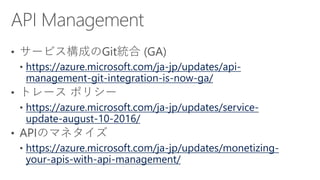 https://azure.microsoft.com/ja-jp/updates/api-
management-git-integration-is-now-ga/
https://azure.microsoft.com/ja-jp/updates/service-
update-august-10-2016/
https://azure.microsoft.com/ja-jp/updates/monetizing-
your-apis-with-api-management/
 