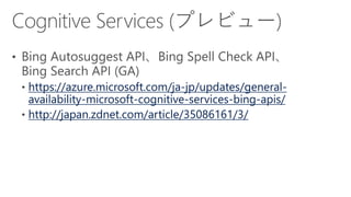 https://azure.microsoft.com/ja-jp/updates/general-
availability-microsoft-cognitive-services-bing-apis/
http://japan.zdnet.com/article/35086161/3/
 