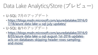 https://blogs.msdn.microsoft.com/azuredatalake/2016/0
7/18/azure-data-lake-u-sql-july-updates/
https://blogs.msdn.microsoft.com/azuredatalake/2016/0
8/03/azure-data-lake-u-sql-august-1st-2016-updates-
acls-on-databases-skipping-header-rows-sampling-
and-more/
 