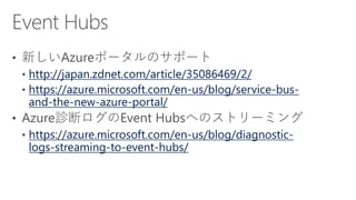 http://japan.zdnet.com/article/35086469/2/
https://azure.microsoft.com/en-us/blog/service-bus-
and-the-new-azure-portal/
https://azure.microsoft.com/en-us/blog/diagnostic-
logs-streaming-to-event-hubs/
 