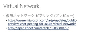 https://azure.microsoft.com/ja-jp/updates/public-
preview-vnet-peering-for-azure-virtual-network/
http://japan.zdnet.com/article/35086801/2/
 