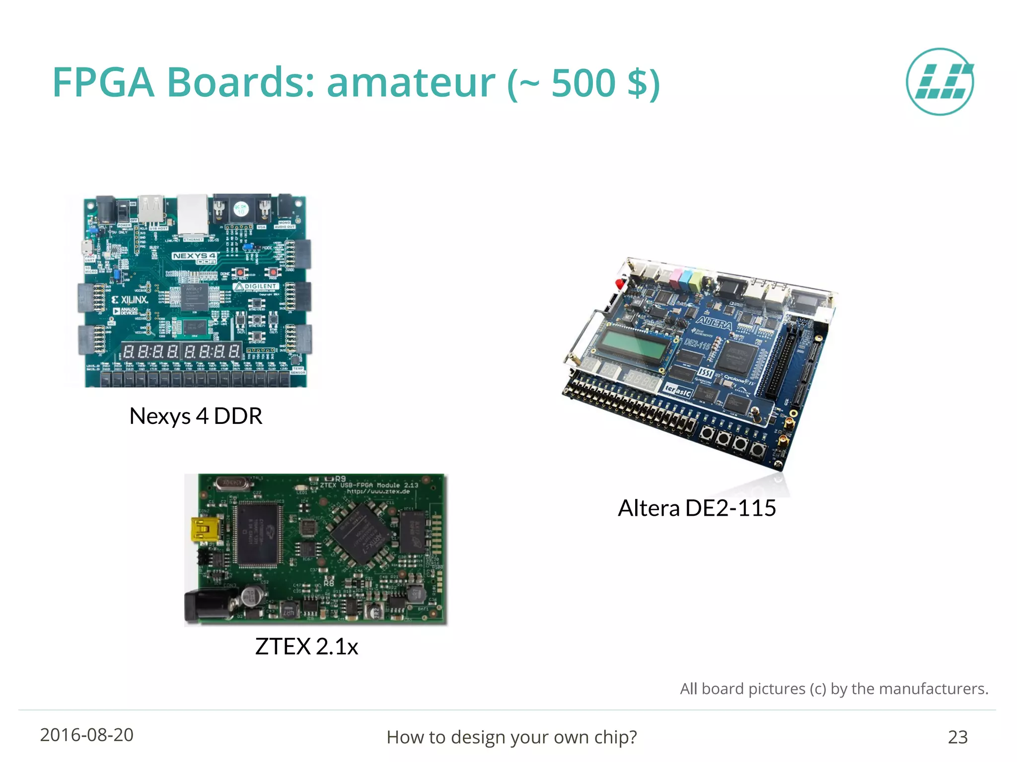 How to design your own chip? 232016-08-20
FPGA Boards: amateur (~ 500 $)
Nexys 4 DDR
ZTEX 2.1x
Altera DE2-115
All board pictures (c) by the manufacturers.
 