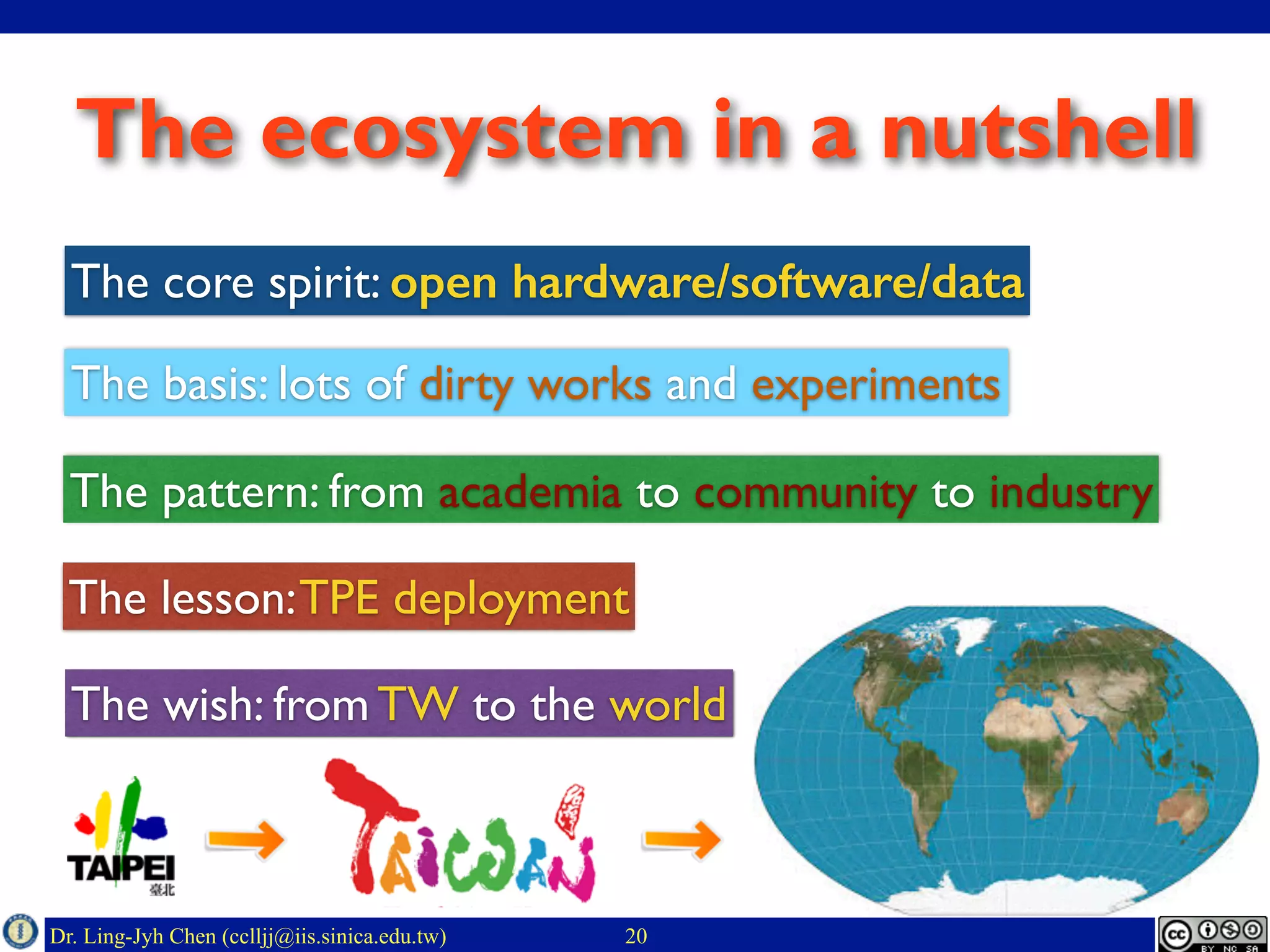 Dr. Ling-Jyh Chen (cclljj@iis.sinica.edu.tw)
The ecosystem in a nutshell
20
The wish: from TW to the world
The pattern: from academia to community to industry
The basis: lots of dirty works and experiments
The core spirit: open hardware/software/data
The lesson:TPE deployment
 