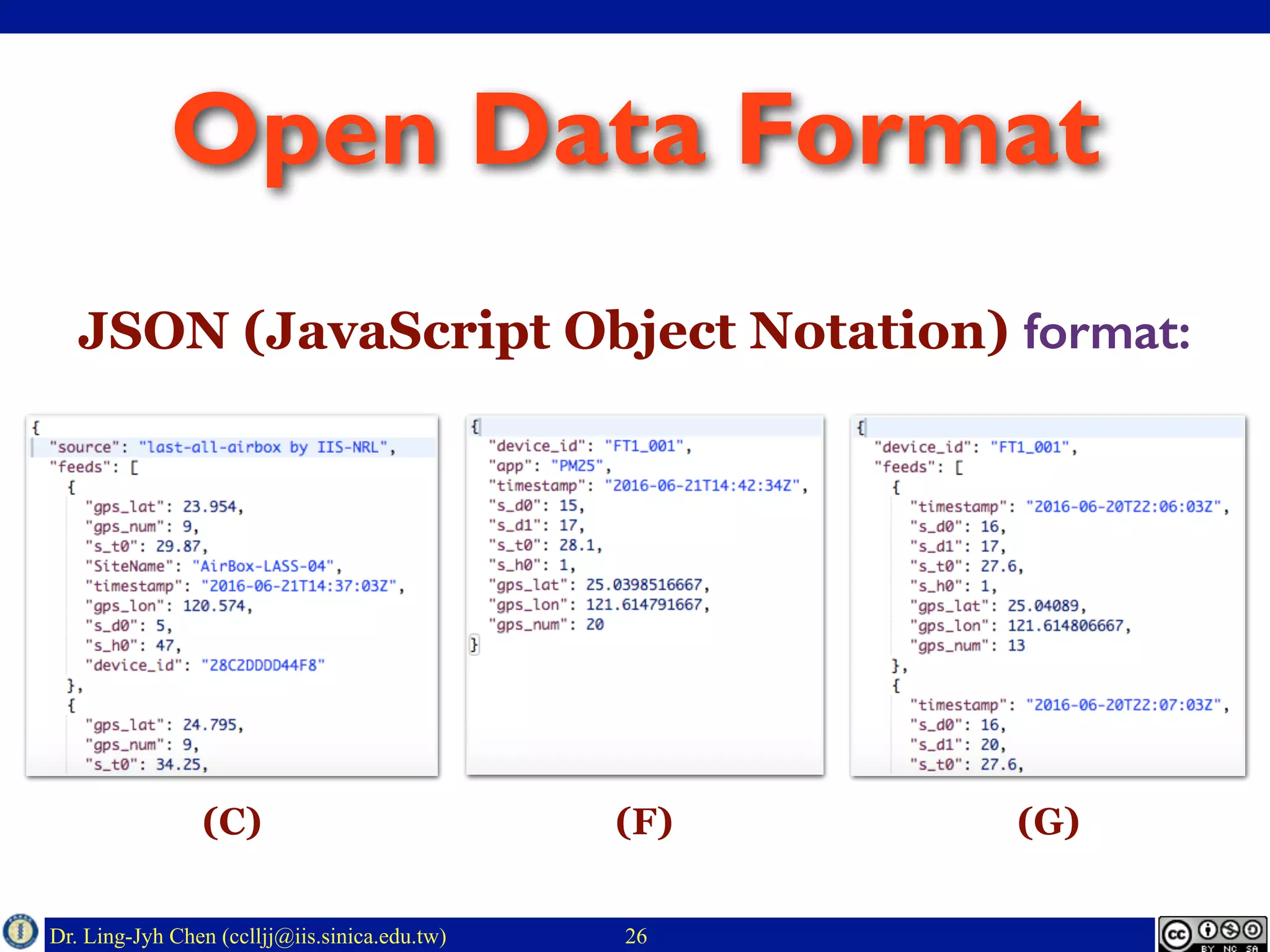 Dr. Ling-Jyh Chen (cclljj@iis.sinica.edu.tw)
Open Data Format
26
JSON (JavaScript Object Notation) format:
(C) (F) (G)
 